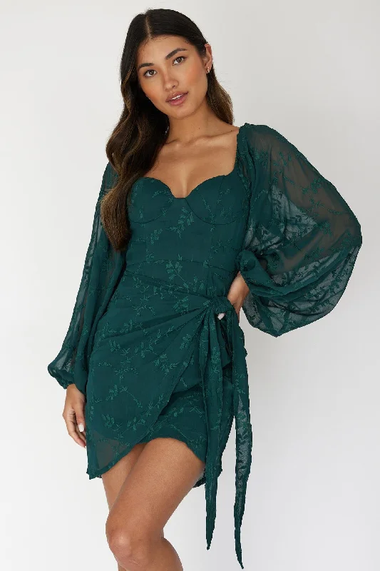 Season Finale Sale Aphrodite Long Sleeve Embroidered Dress Forest Green