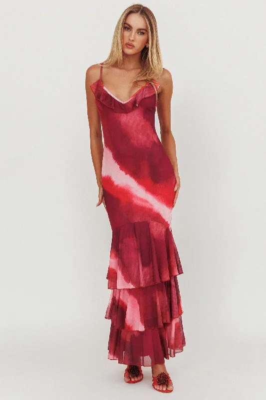 YEAR-End Sale Oskar Tiered Ruffle Hem Mermaid Maxi Dress Pink