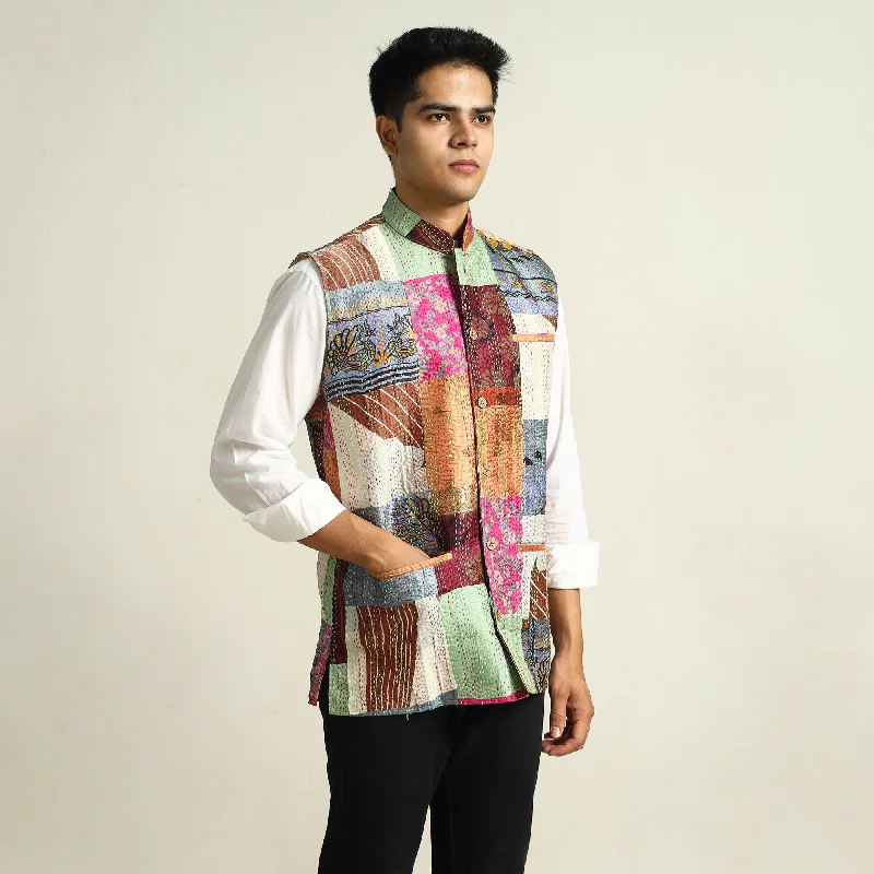 Huge Discounts Multicolor - Kantha Embroidery Silk Patchwork Nehru Jacket 04