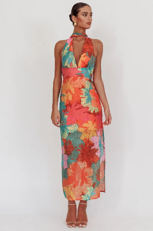 Deal Dash Cipriana Backless Halter Maxi Dress Floral Pink