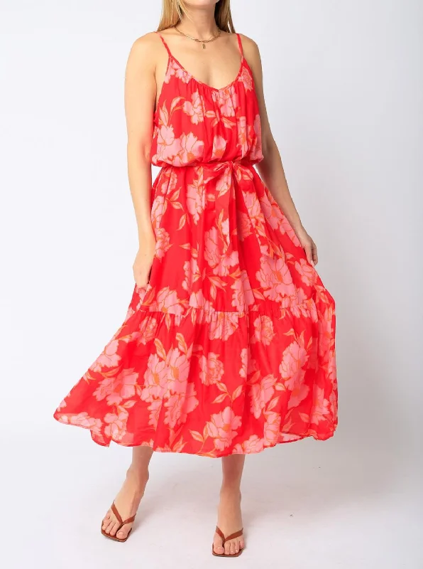 Great Bargains Flowy V-Neck Floral Dress in Tomato Pink
