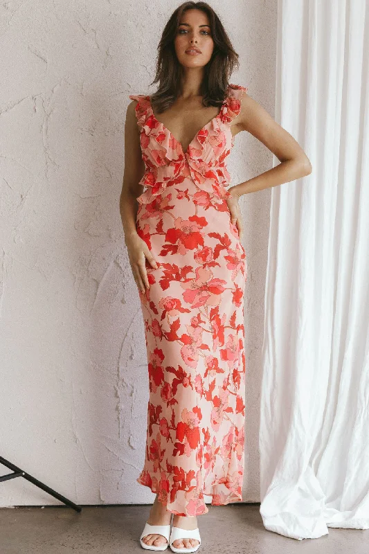 Can't Miss Second Chances Ruffle Trim Midi Dress Floral Pink