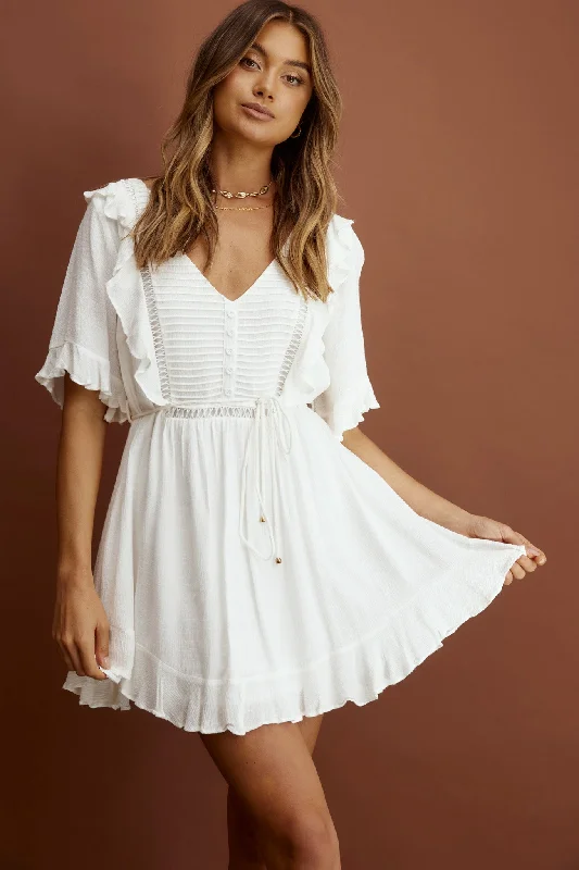 Price Cut Promenade Faux Placket Pintuck Dress White