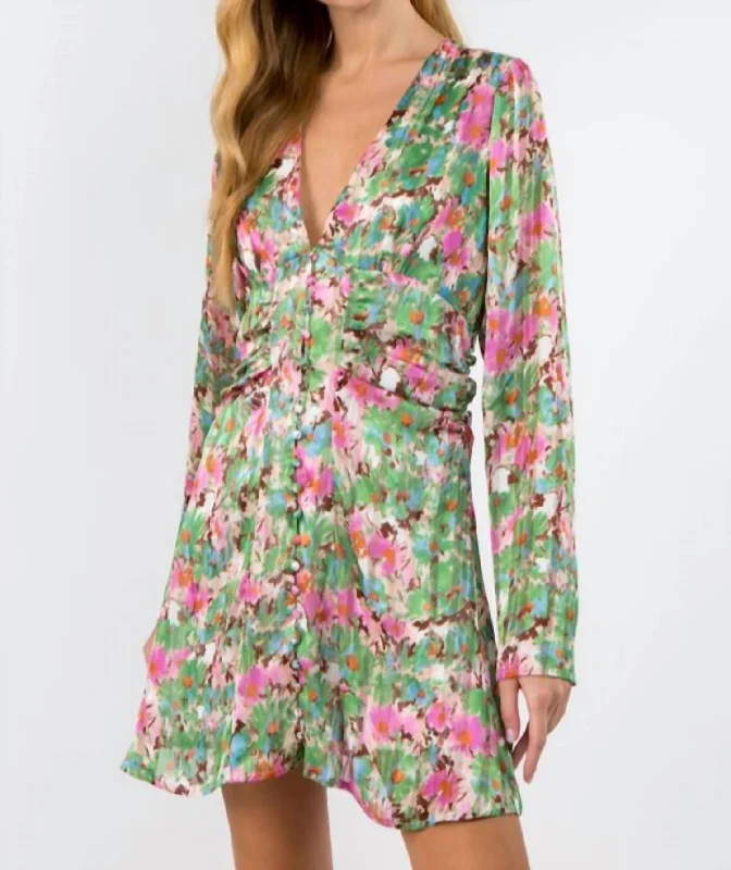 Mega Deal Floral Button Down Long Sleeve Mini Dress in Pink/Green Floral