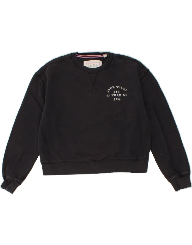 Price Buster JACK WILLS Womens Crop Graphic Sweatshirt Jumper UK  6 XS Black Cotton