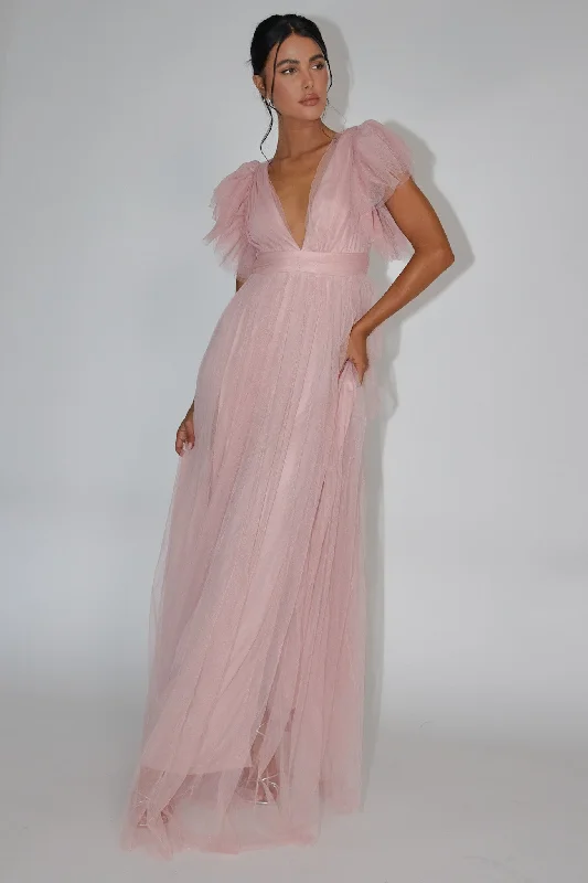 New Arrival Heaven's Love Deep V-Neck Tulle Maxi Dress Blush
