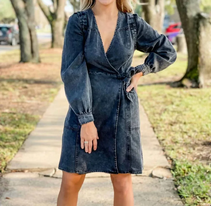 Amazing Deals Orianne Faux Wrap Dress in Dark Grey Denim