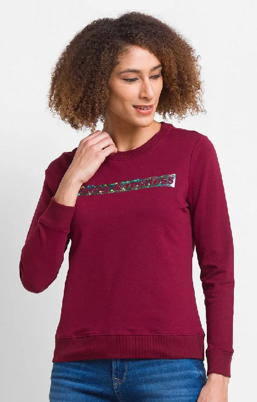 Deal of the Day Spykar Wine Cotton Blend Full Sleeve Round Neck Sweatshirts For Women Deal of the Day Spykar Wine Cotton Blend Full Sleeve Round Neck Sweatshirts For Women
