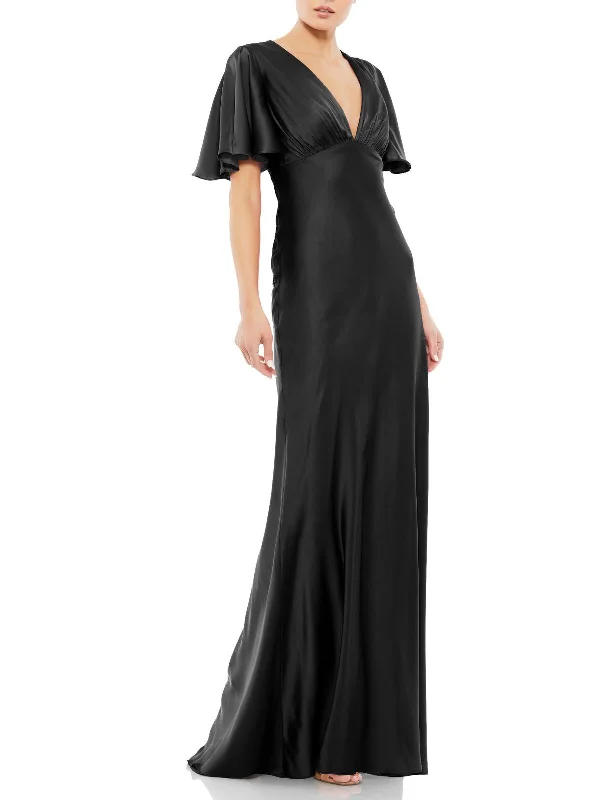 Midnight Madness Womens Satin V-Neck Evening Dress