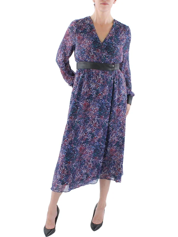 Major Savings Womens Chiffon Faux Leather Trim Midi Dress