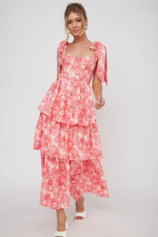 TIME-Limited Offer Arlowe Tied Shoulder Tiered Midi Dress Floral Pink