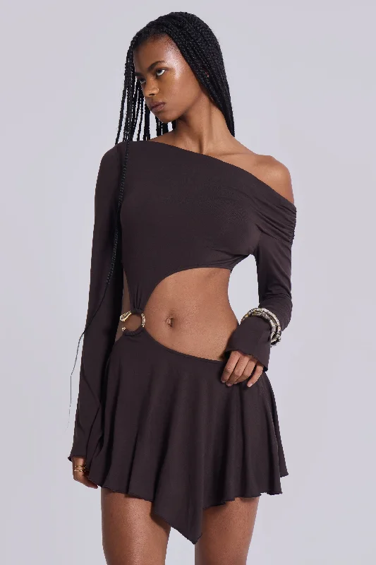 Mega Deal Dera Asymmetric Cut Out Mini Dress in Brown