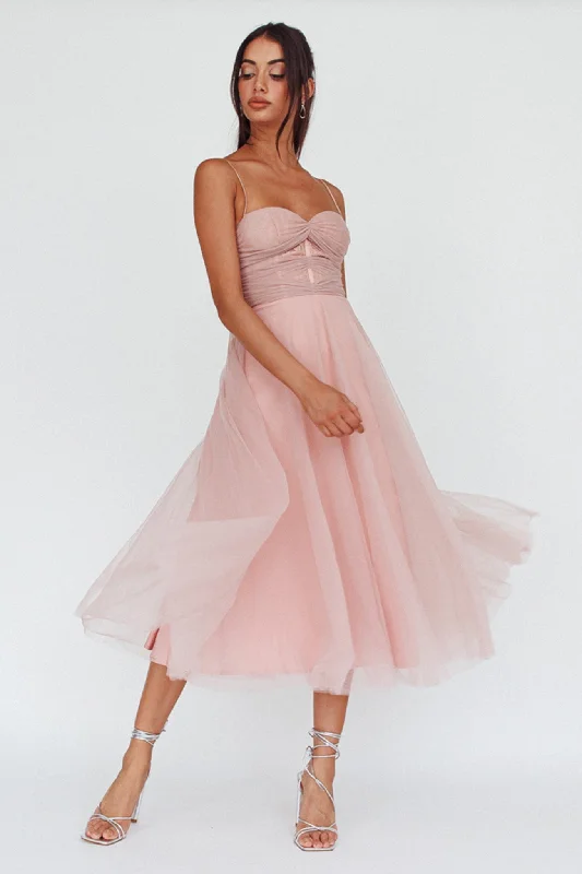 Limited Quantity Smitten Lace Insert Tulle Midi Dress Blush