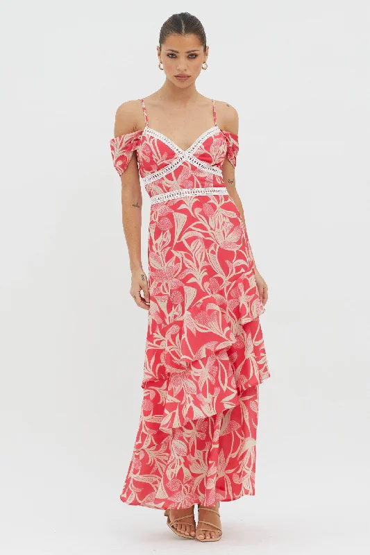 Price Reduction Seina Off-Shoulder Crochet Trim Dress Print Red