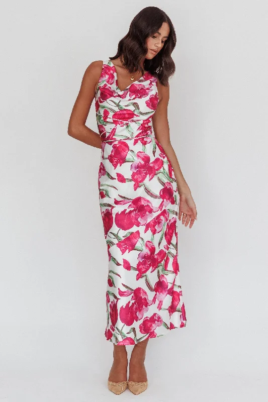 Steals and Deals Serenitie Cowl Neck Waist Tie Maxi Dress Floral Pink