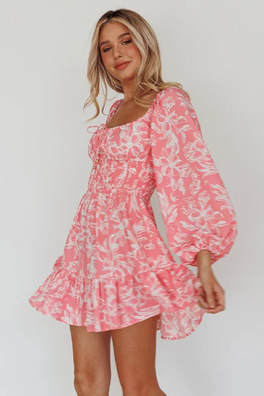 Act Now Amilie Shirred Long Sleeve Dress Floral Pink