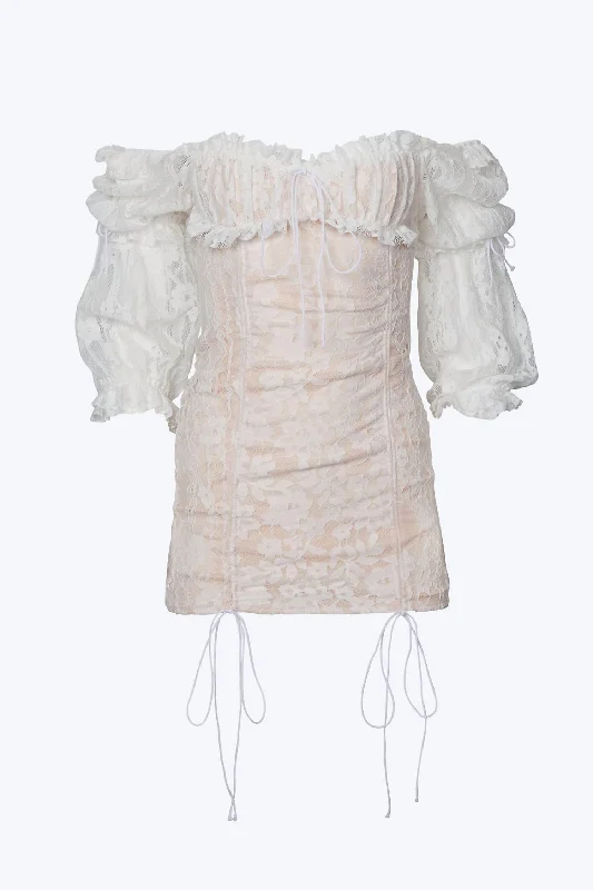 Exclusive Offers Vintage Ruched Lace Tulle Mini Dress in White