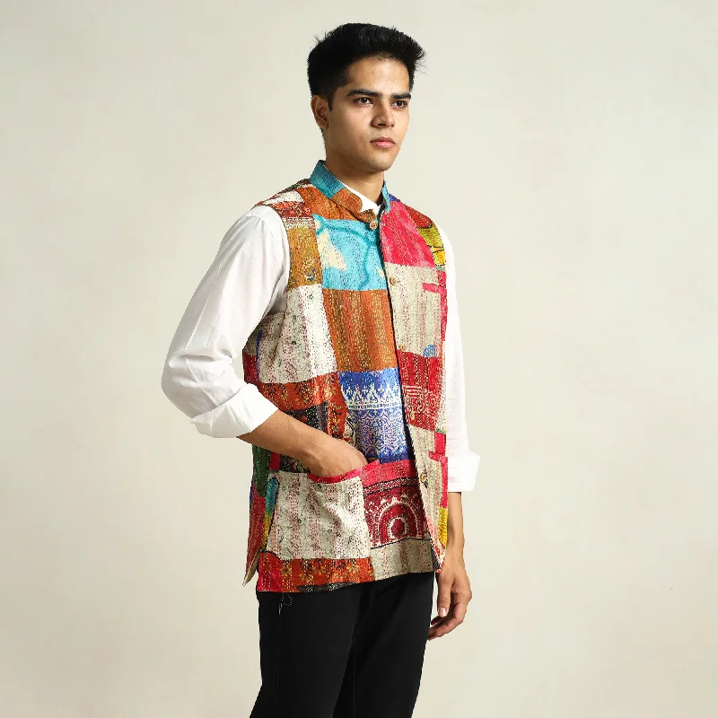 Savings Galore Multicolor - Kantha Embroidery Silk Patchwork Nehru Jacket 05