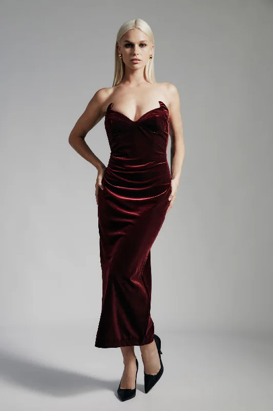 Mega Deal Camellia Velour Midi Dress - Burgundy
