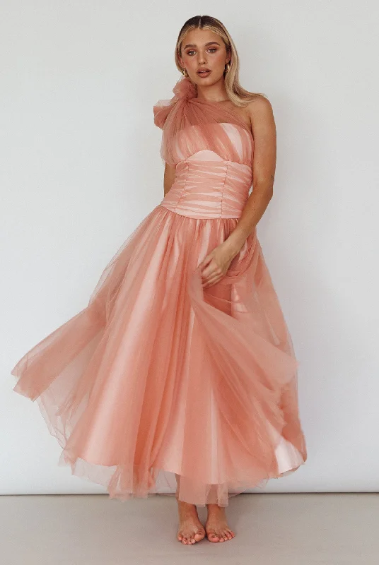 Extra Savings Let's Elope Bow Shoulder Midi Dress Lipstick