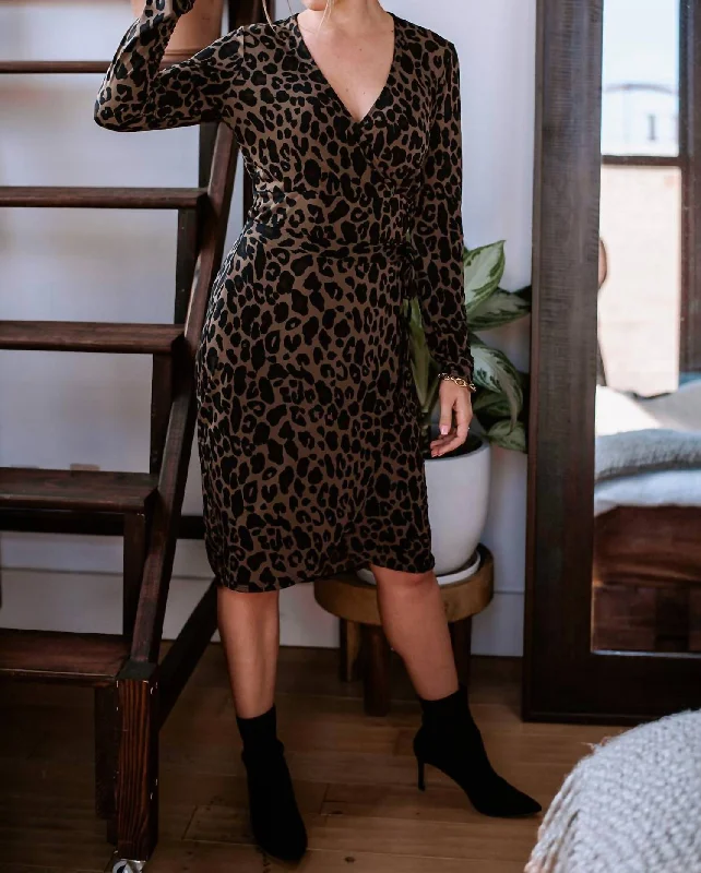 Quick Sale Amal Long Sleeve Crossover Dress in Brown Leopard Print