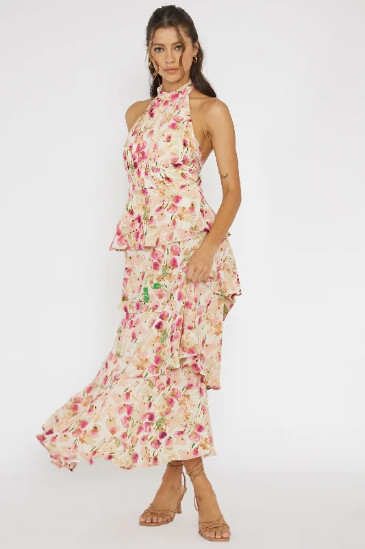 Closeout Provence Bloom Tiered Halterneck Dress Pink