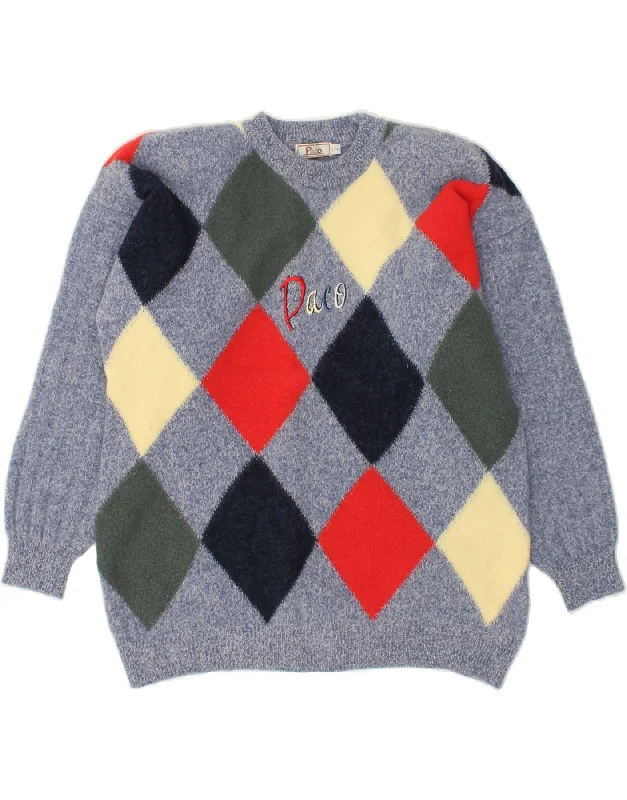 Deal Frenzy VINTAGE Womens Crew Neck Jumper Sweater Large Blue Argyle/Diamond Wool