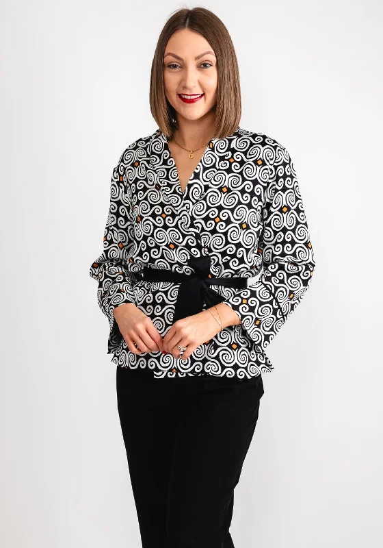 Mega Deal Surkana Spiral Print Belted Jacket, Black Multi