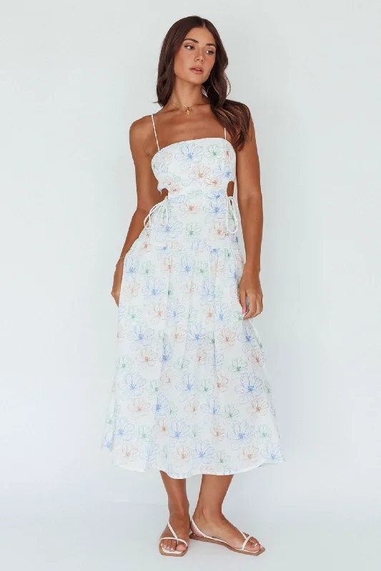 Discount Extravaganza Aloha Cut-Out Waist Midi Dress Floral Blue