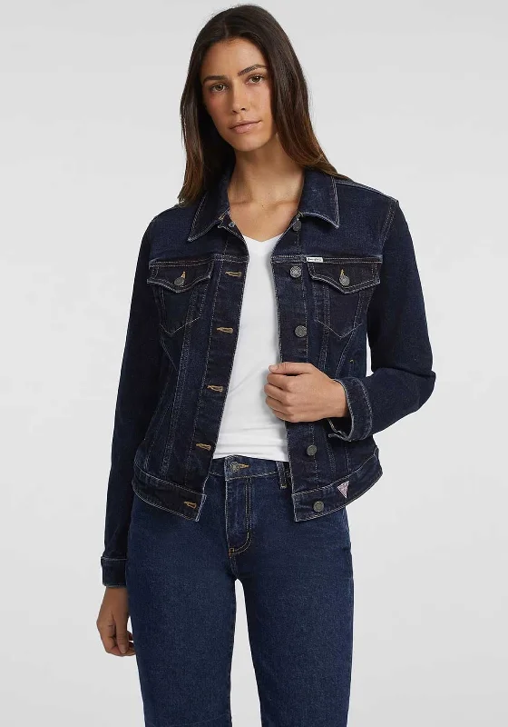 Midnight Sale Guess Womens Slim Denim Trucker Jacket, Dark Blue