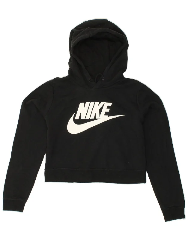 Hurry In NIKE Womens Crop Graphic Hoodie Jumper UK 10 Small Black Cotton
