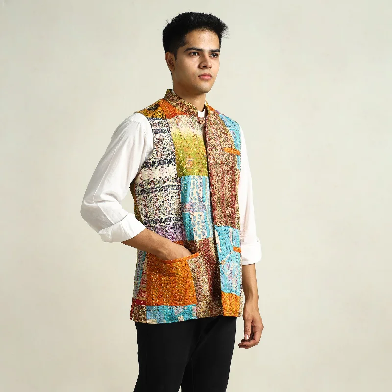 Online Only Multicolor - Kantha Embroidery Silk Patchwork Nehru Jacket 11