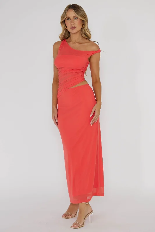 Savings Bonanza Lorely Ruched Bodice Twist Strap Midi Dress Watermelon
