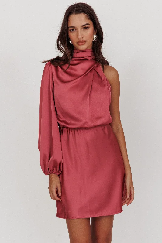 Today’s Deal Can't Compete One Sleeve Satin Mini Dress Dusty Pink